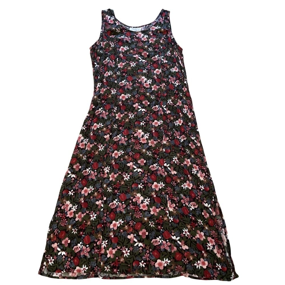 Forever‎ Caroline Floral Sleeveless Maxi Dress Green Pink Rayon Vintage Style 18